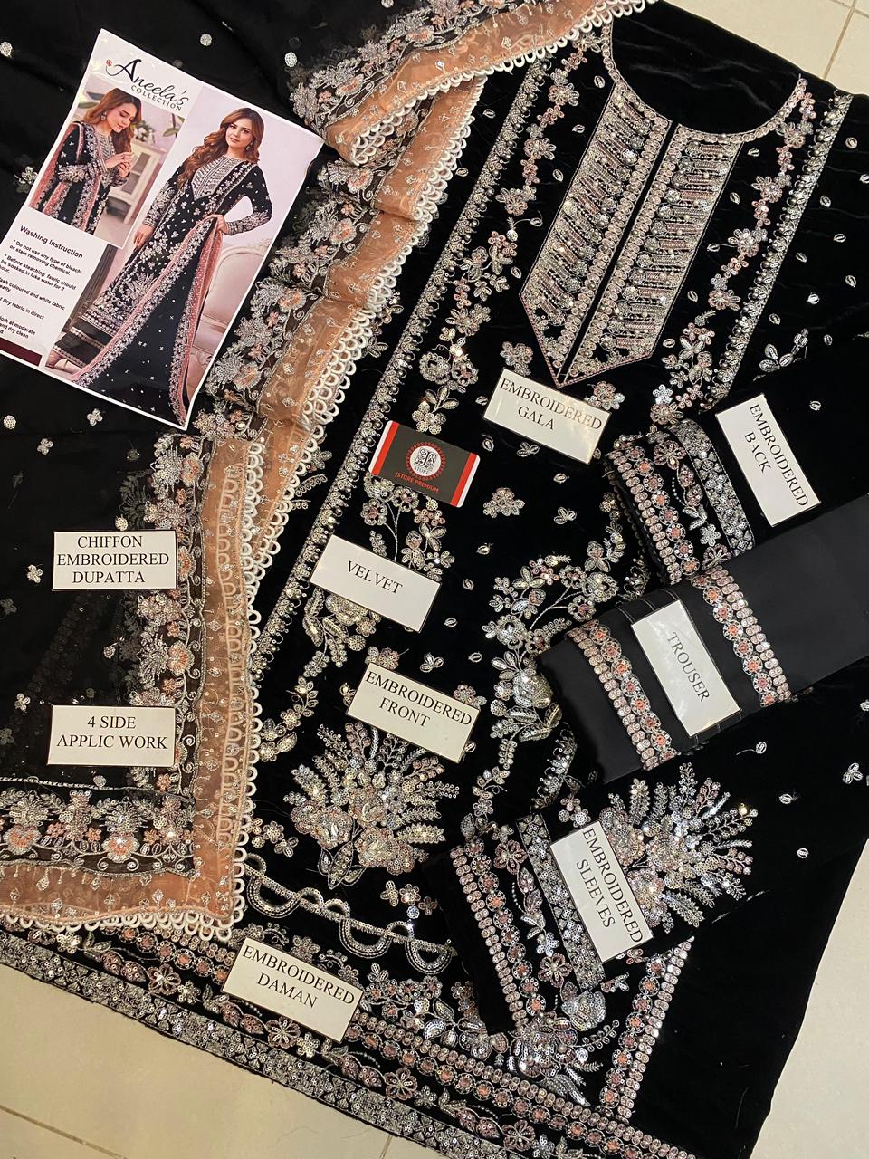 Luxury premium velvet suit featuring fully heavy sequence & zari embroidery, chiffon embroidered dupatta, and silk trouser with patch detailing — perfect for formal & festive wear.