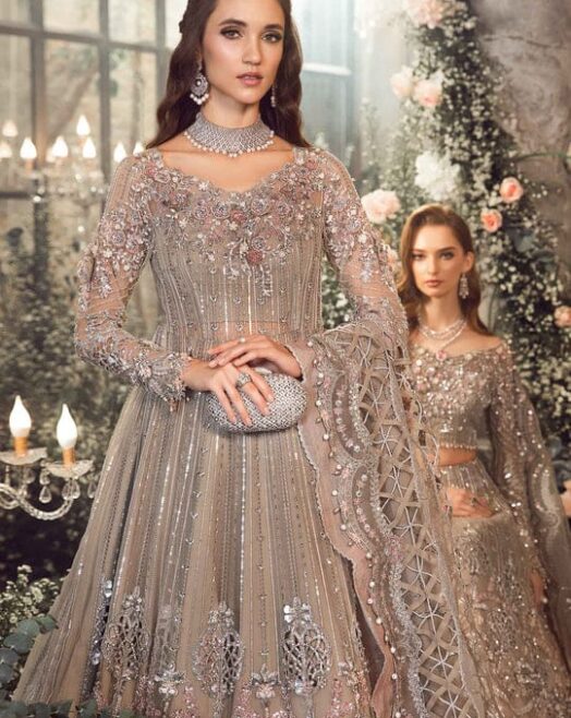 Maria B Net Embroidered Maxi Frock with Jamawar Trouser – Unstitched Luxury 2PC