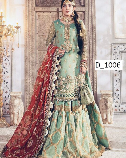 Luxury Mysoori Embroidered Lehenga/Sharara Suit with Organza Dupatta – 4PC Unstitched