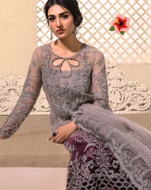 Maria B organza suit featuring tie & dye embroidery with handwork, cutwork daman, and a beautifully detailed dupatta with tassels.