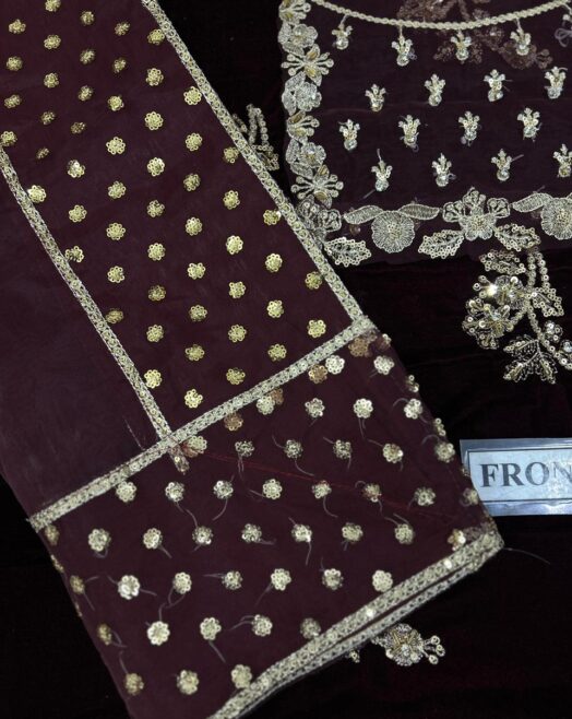 Afrozeh Luxury Velvet Embroidered Winter Suit with Organza Dupatta – Unstitched 3PC