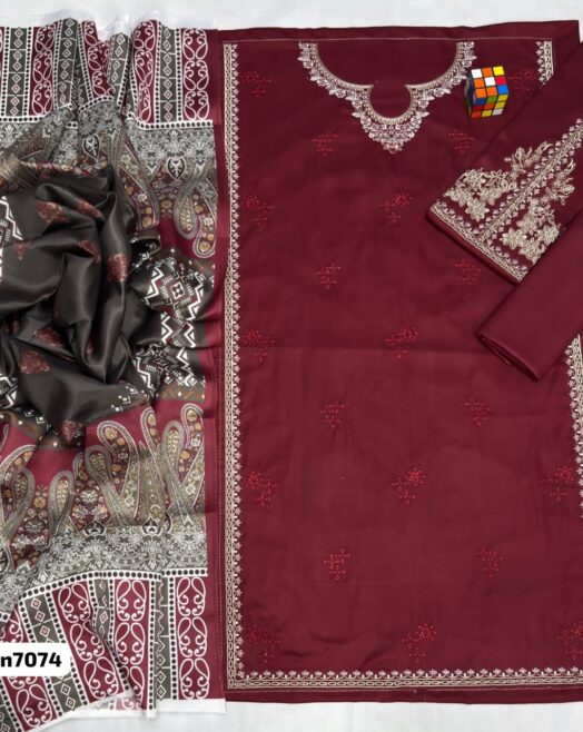 Izel - Premium Dhanak Embroidered 3PC Suit with Printed Shawl
