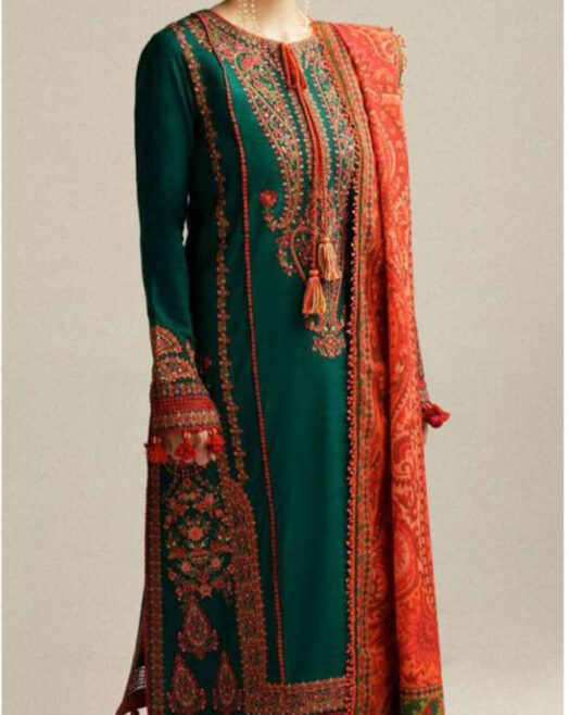 Hussain Rehar Premium Dhanak Embroidered 3PC Suit with Digital Wool Shawl