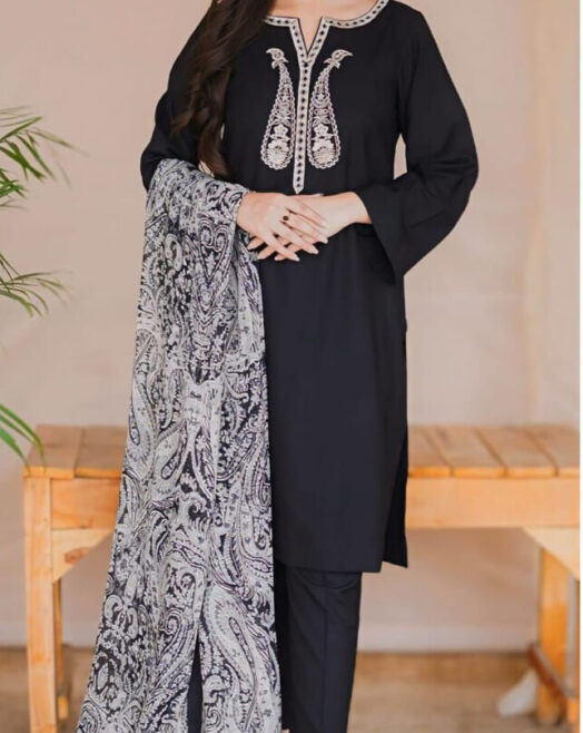 Elegant Dhanak Embroidered 3PC Suit with Digital Printed Wool Shawl