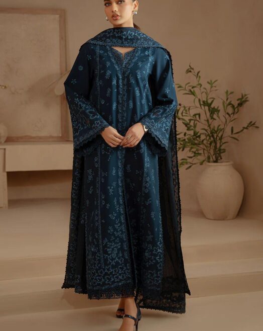 Premium Cambric Cotton Embroidered Unstitched 3PC Suit with Khadi Net Organza Dupatta