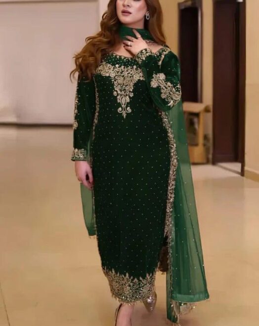 Aneela Luxury Velvet Heavy Embroidered 3PC Suit with Net Dupatta