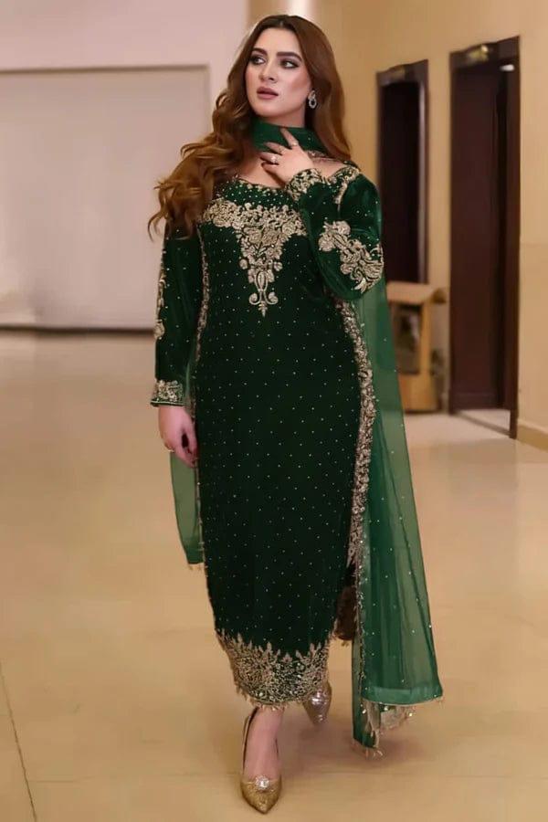 Aneela Luxury Velvet Heavy Embroidered 3PC Suit with Net Dupatta
