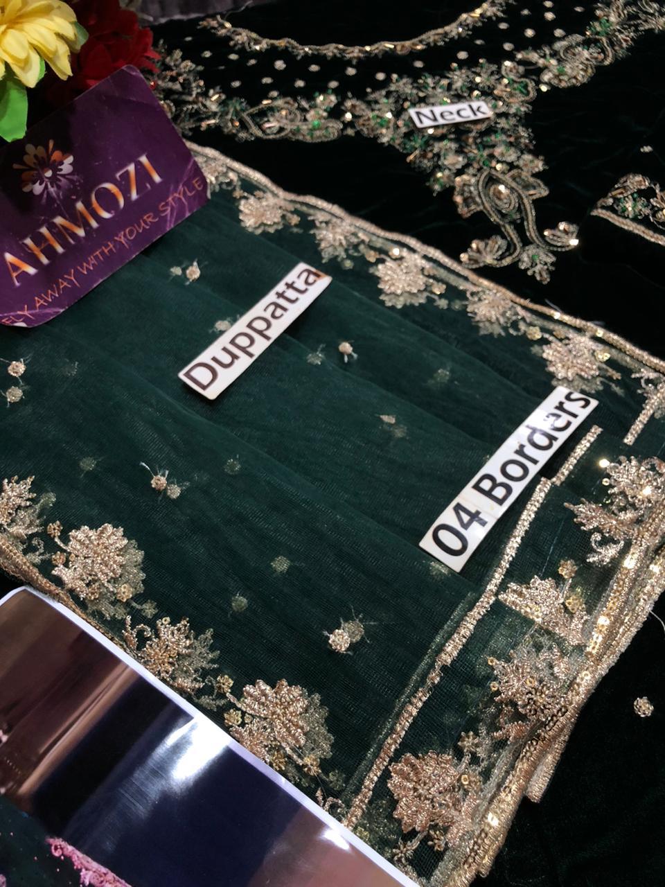 Aneela Luxury Velvet Heavy Embroidered 3PC Suit with Net Dupatta