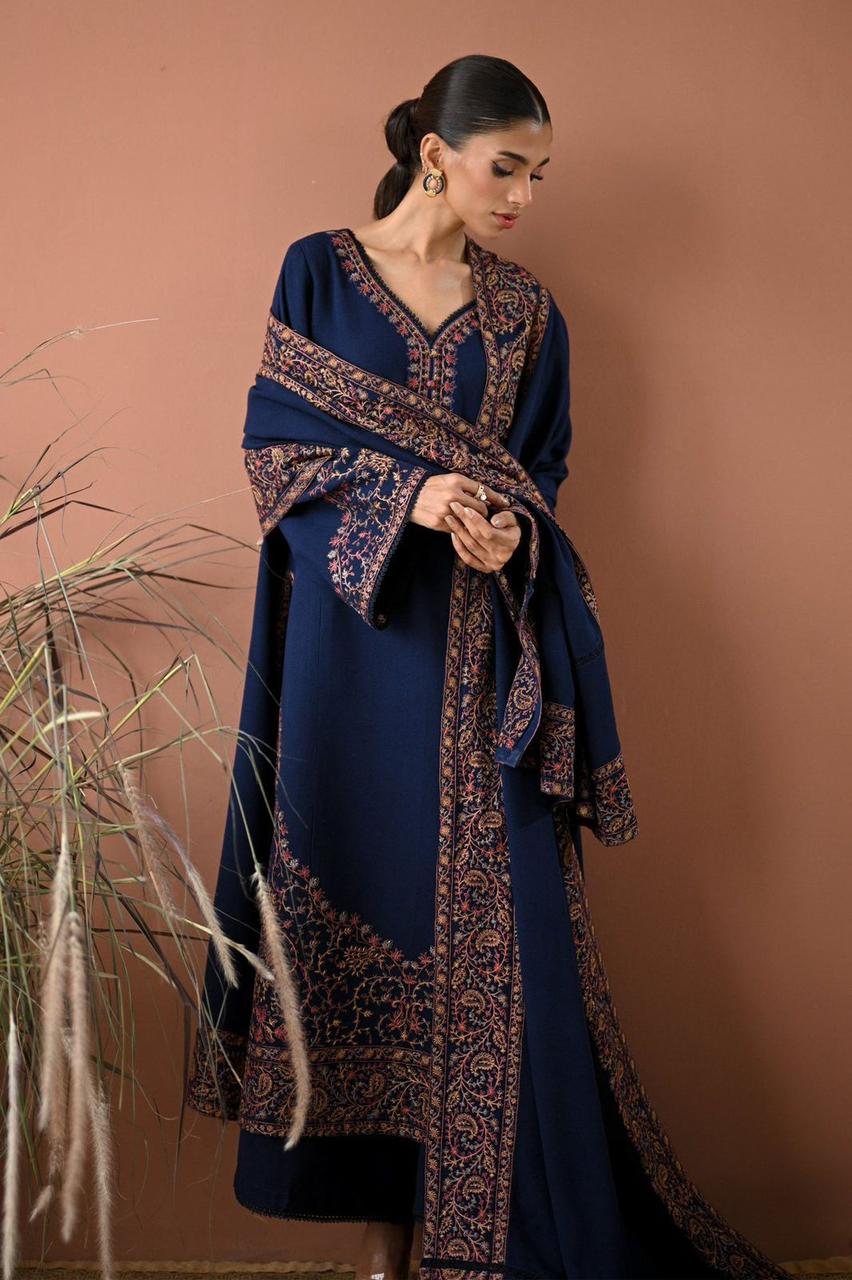 Batik Premium Embroidered Dhanak Suit with 4-Side Border Ready-to-Wear Shawl