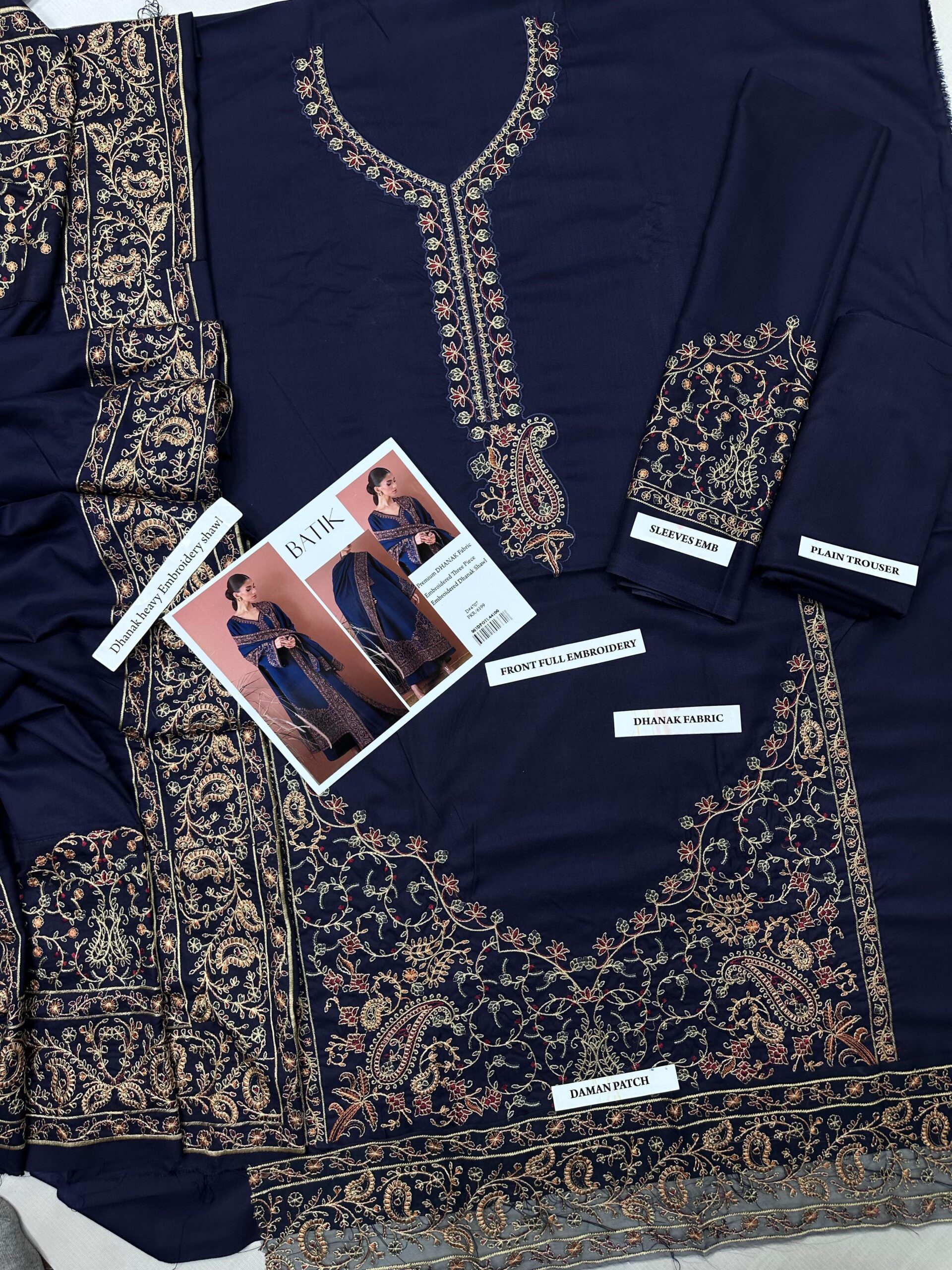 Batik Premium Embroidered Dhanak Suit with 4-Side Border Ready-to-Wear Shawl