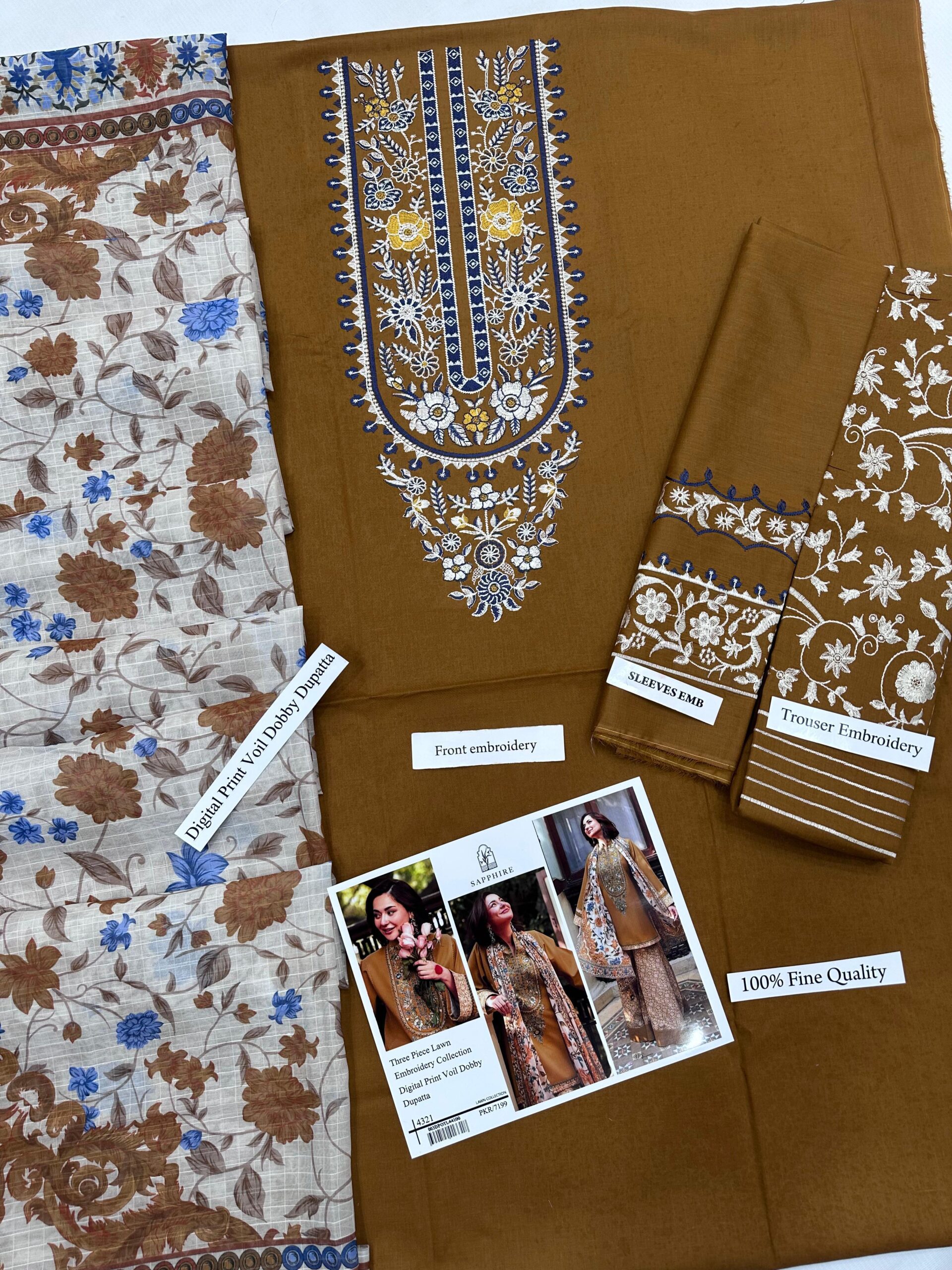 Sapphire Luxury Embroidered Lawn Suit with Digital Print Voil Dobby Dupatta - Image 3