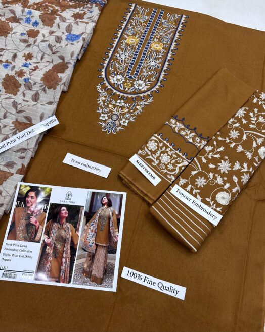 Sapphire Luxury Embroidered Lawn Suit with Digital Print Voil Dobby Dupatta