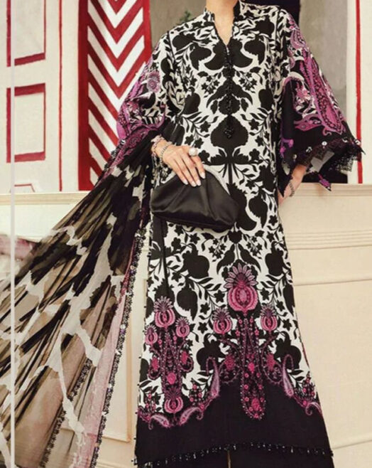 Maria B Printed Lawn Embroidered Unstitched 3PC Suit with Chiffon Dupatta