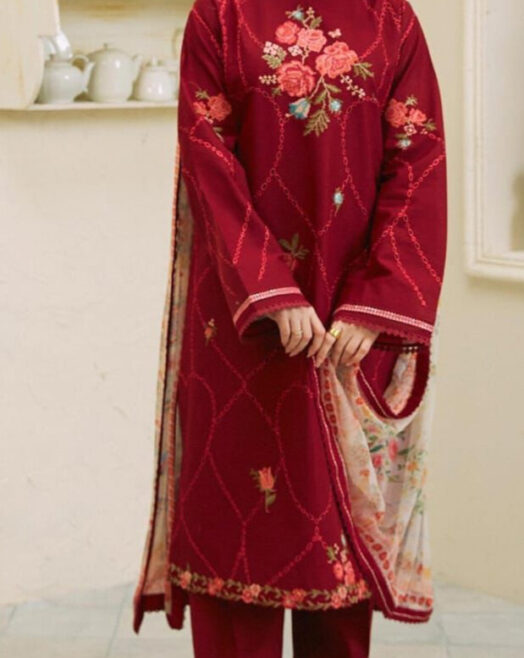 Zara Shahjahan Premium Dhanak Embroidered 3PC Suit with Digital Wool Shawl