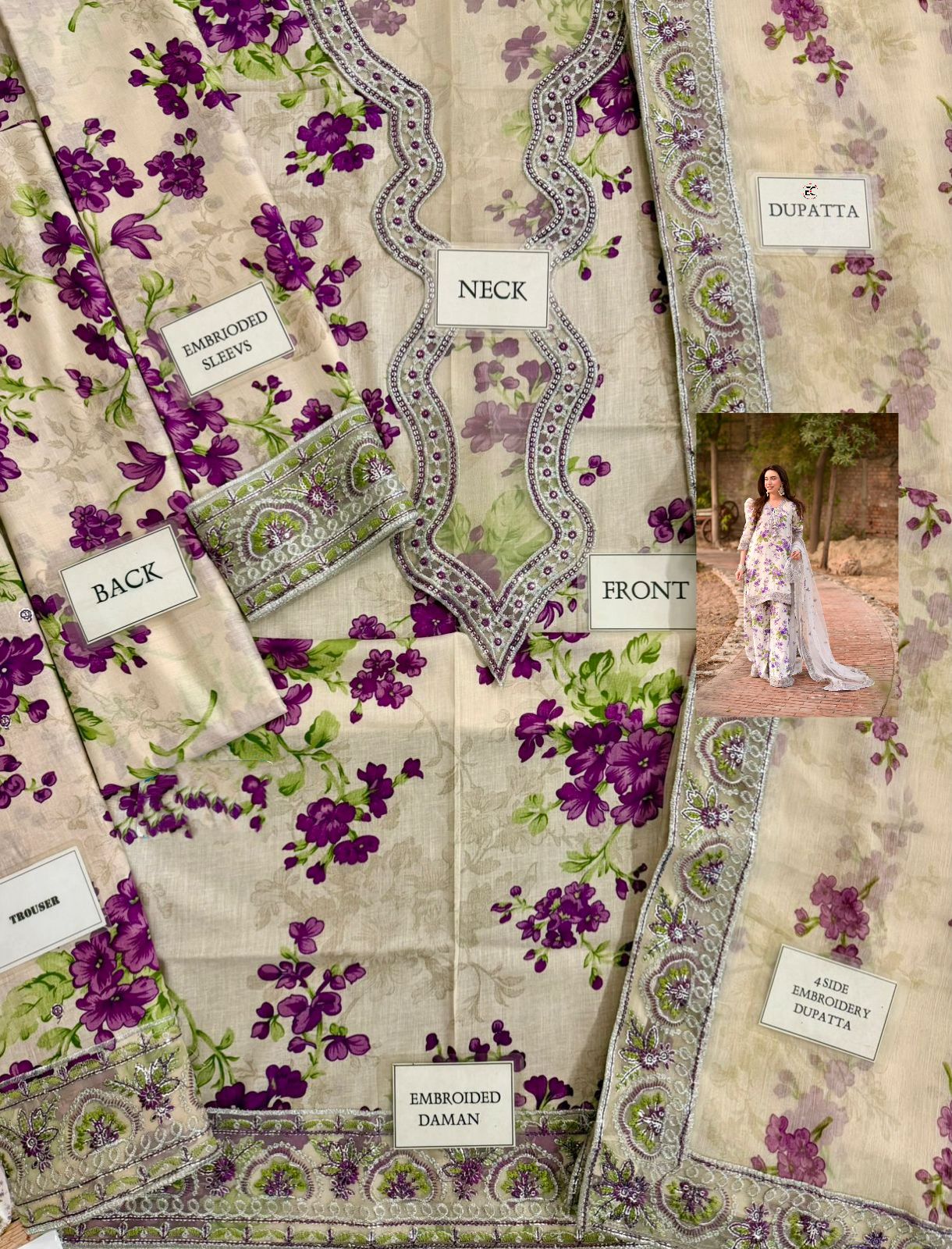 3PC Unstitched Embroidered Lawn Suit