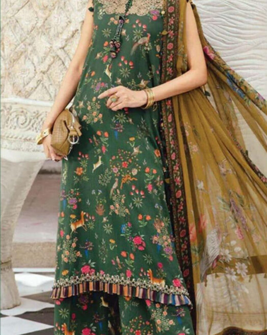 Unstitched Dark Green Printed & Embroidered Lawn 3 Piece Suit