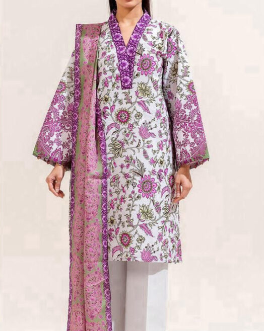 White & Purple Floral 3 Piece Digital Printed Lawn Suit Unstitched