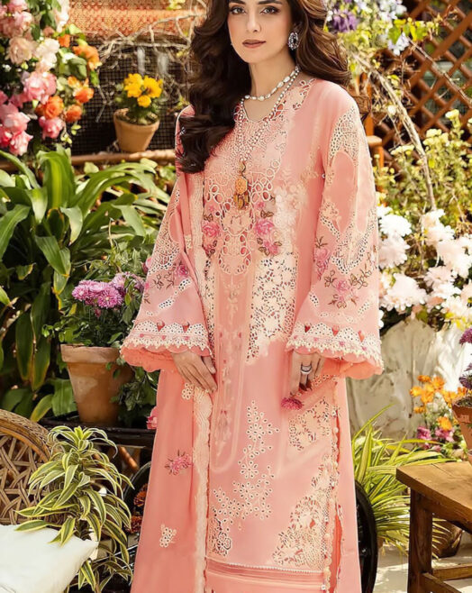 Unstitched Peach Floral Heavy Embroidered Lawn 3 Piece Suit