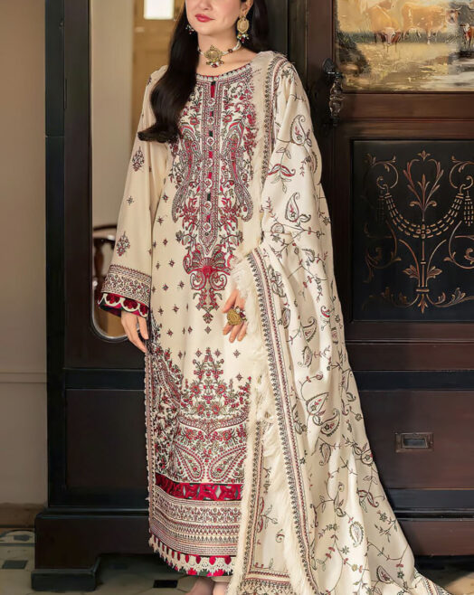 3 Piece Unstitched Heavy Embroidered Lawn Suit offwhite and maroon