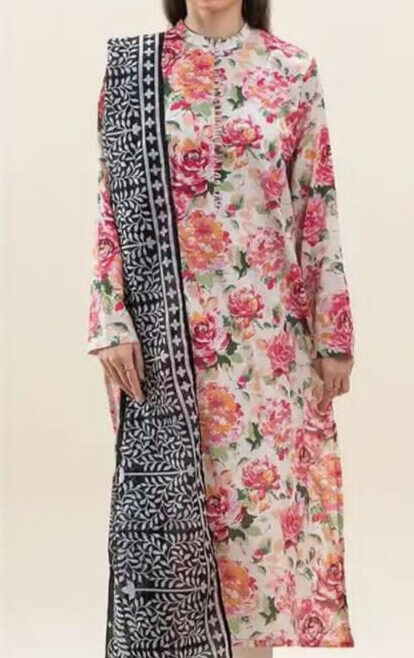 White Floral 3-Piece Digital Printed Lawn Suit Unstitched - Beechtree