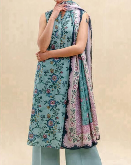 3 Piece Sea Green Floral Printed Lawn Suit Unstitched