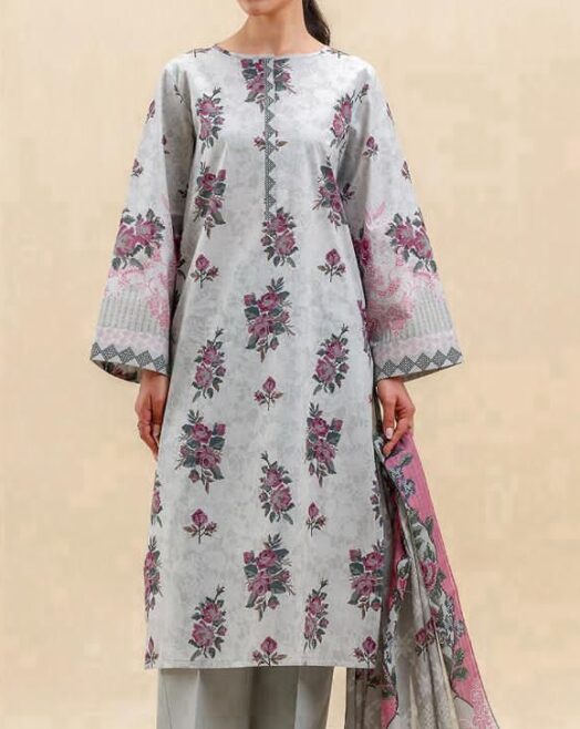 Light Grey Floral 3 Piece Digital Printed Lawn Suit Unstitched - Beechtree