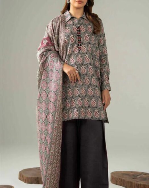 Charcoal Grey Paisley Digital Printed Lawn 3 Piece Suit