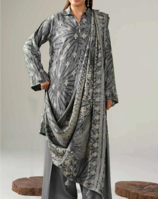 Unstitched Grey Printed Lawn 3 Piece suit