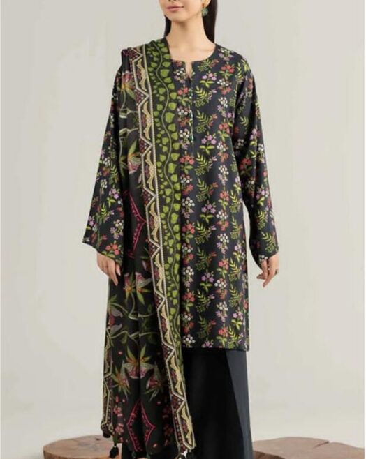 Unstitched Black Floral Printed Lawn 3 Piece Suit Nishat