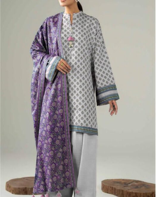 Grey & Purple Ethnic Printed Lawn 3 Piece Suit