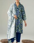 Navy Blue & Yellow Floral Printed Lawn 3 Piece Suit