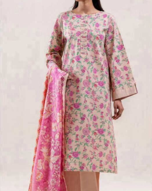 Pink Floral 3 Piece Digital Printed Lawn Suit Unstitched