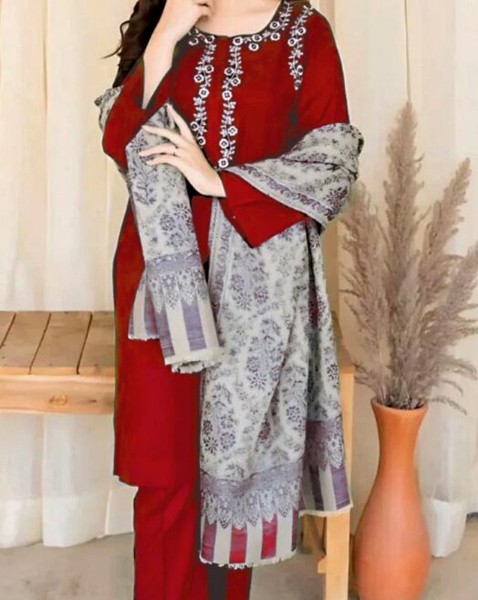 Rose Red 3 Piece Embroidered Lawn Suit