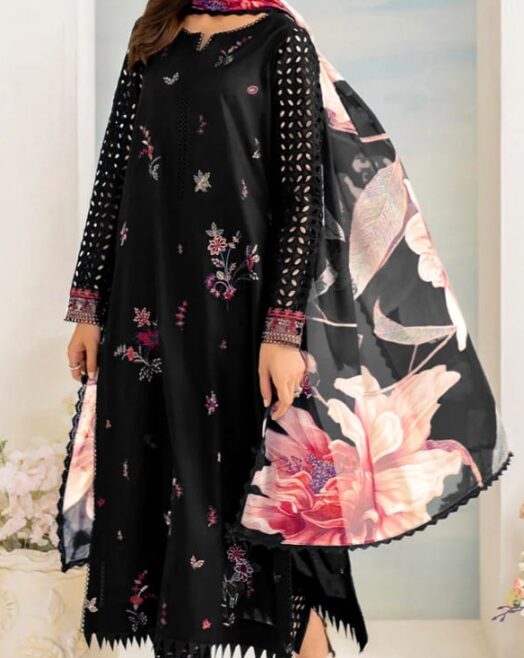 Limelight Black Unstitched 3 Piece Embroidered Lawn Suit