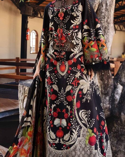 Black Floral Printed Embroidered Lawn 3 Piece Suit