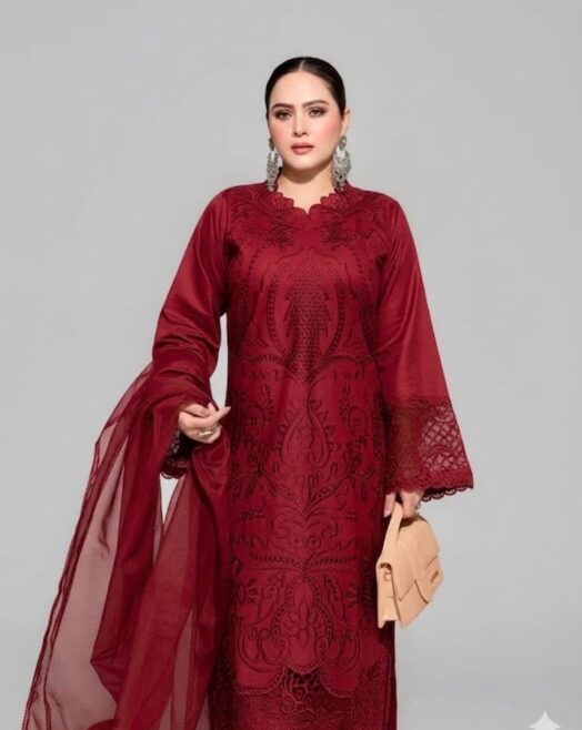3 Piece Maroon Fully Embroidered Lawn Suit