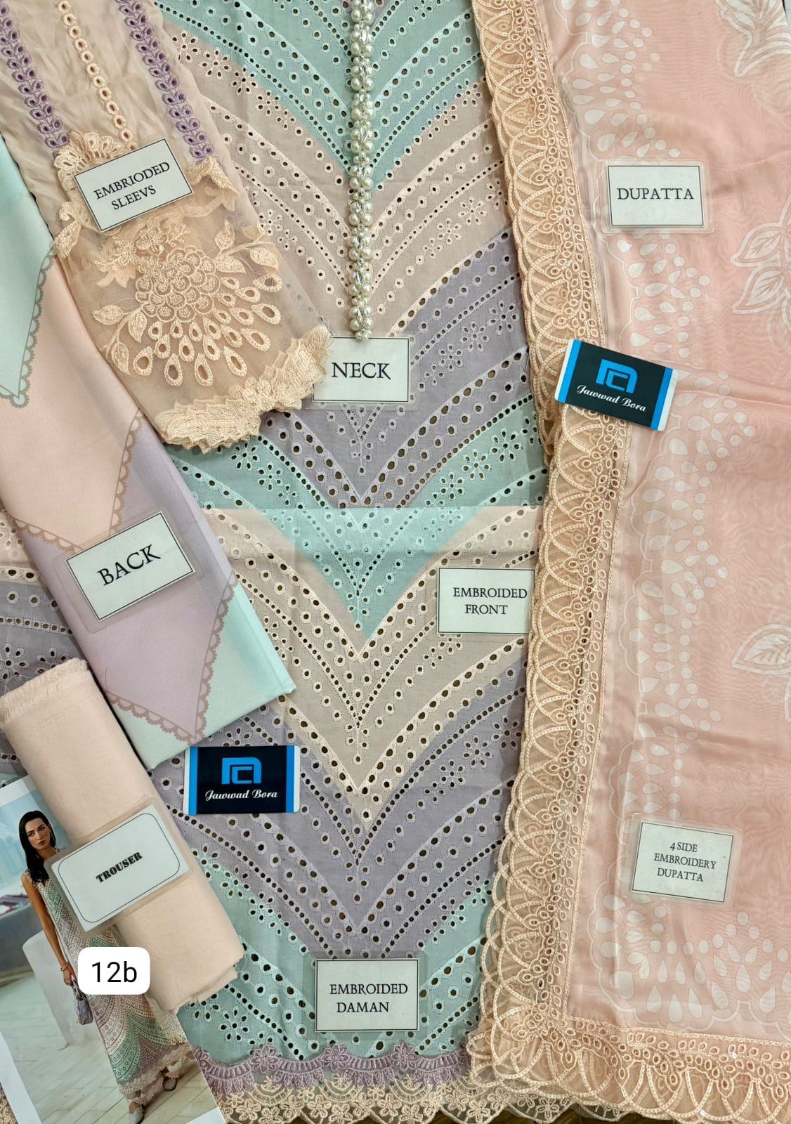 Pastel Chevron Schiffli Embroidered Swiss Lawn 3 Piece Suit