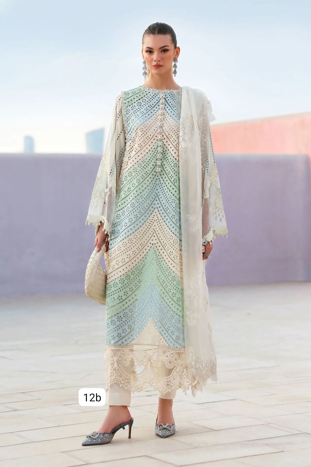 Pastel Chevron Schiffli Embroidered Swiss Lawn 3 Piece Suit