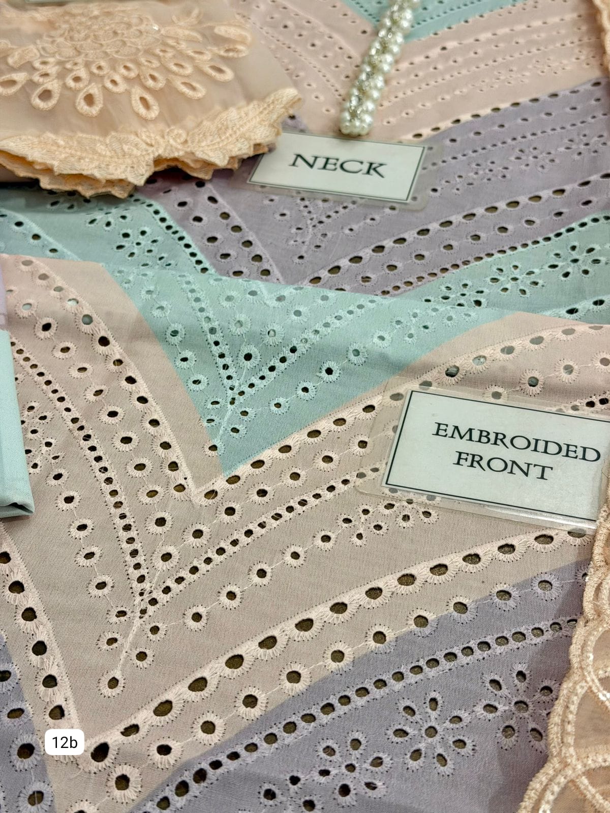 Pastel Chevron Schiffli Embroidered Swiss Lawn 3 Piece Suit