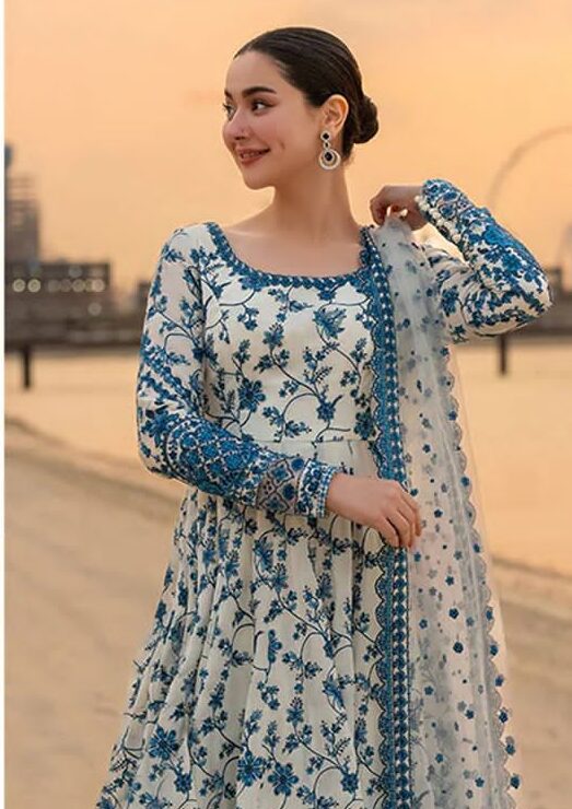 Hania Amir Blue Dress Printed Lawn 3 Piece Suit