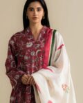 Airjet Lawn 3 Piece Suit – Maroon & Off-White