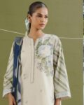 Lawn 3 Piece Suit – Off-White & Olive Green with Navy Blue