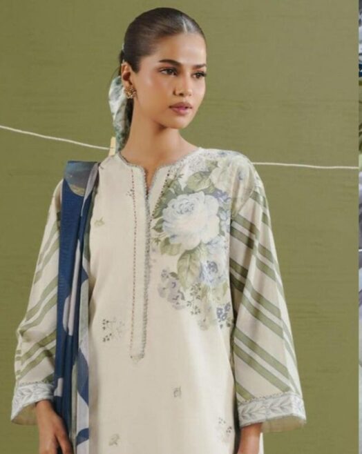 Lawn 3 Piece Suit – Off-White & Olive Green with Navy Blue