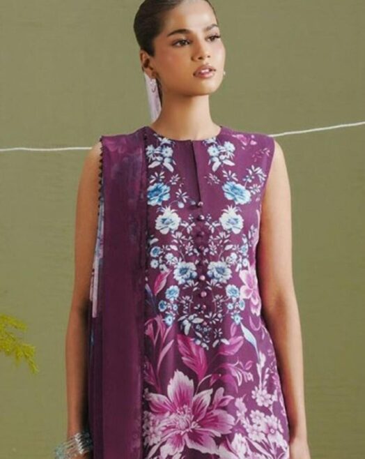Unstitched Digital Printed Airjet Lawn 3 Piece Suit – Plum & Purple with Light Blue