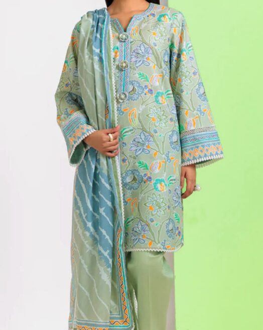 Unstitched Lawn 3 Piece Suit – Light Green & Blue