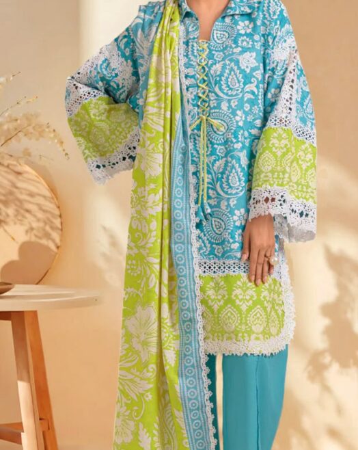 Unstitched Lawn 3 Piece Suit – Light Green & Blue