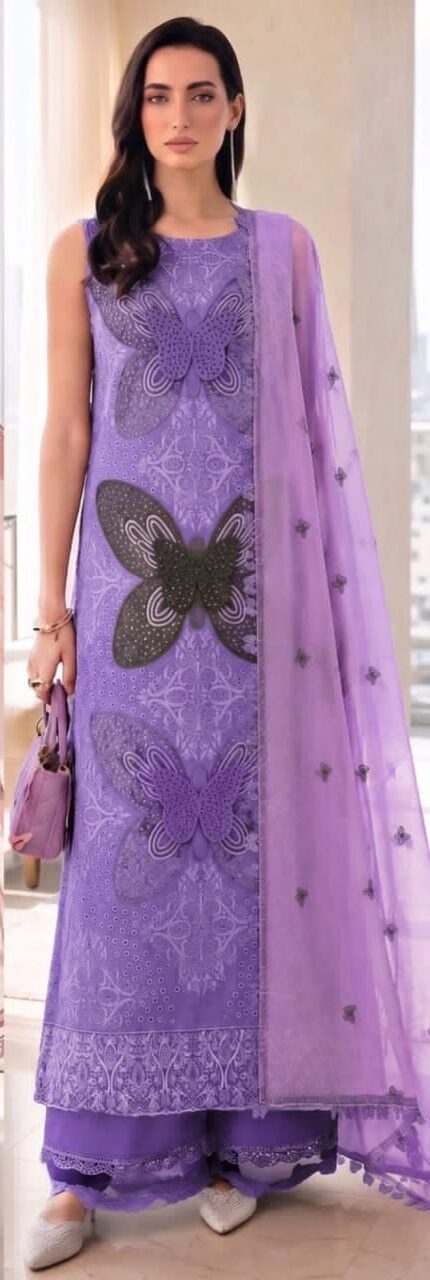 Butterfly Chikankari Embroidered 3-Piece Lawn Suit with Voile Slub Dupatta pink