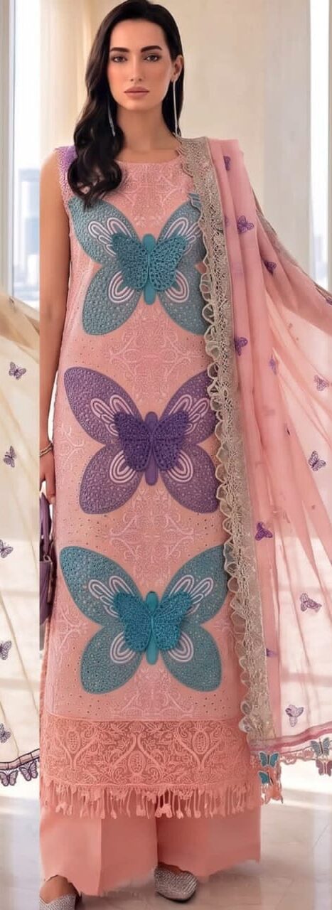 Butterfly Chikankari Embroidered 3-Piece Lawn Suit with Voile Slub Dupatta Purple
