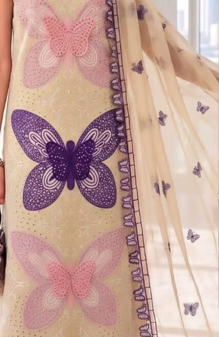Butterfly Chikankari Embroidered 3-Piece Lawn Suit with Voile Slub Dupatta Skin