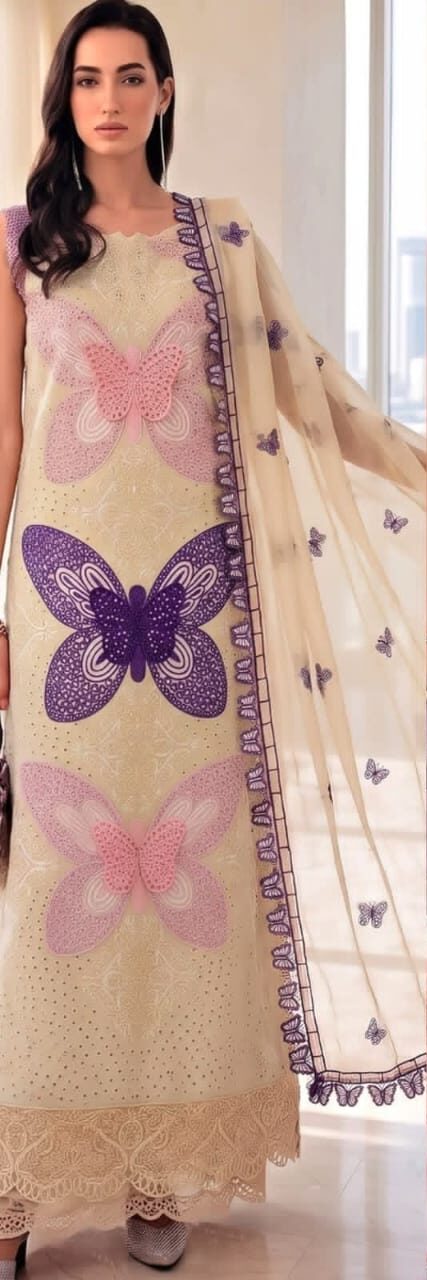 Butterfly Chikankari Embroidered 3-Piece Lawn Suit with Voile Slub Dupatta Skin